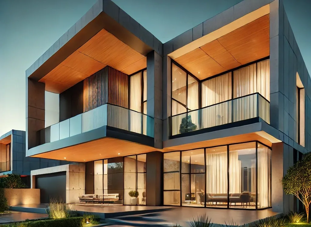 modern house exterior elevation with large glass windows