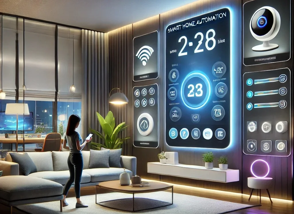 A modern smart home automation system showcasing a futuristic living room with voice-controlled lighting, a smart thermostat, and an AI-powered home in delhi ncr